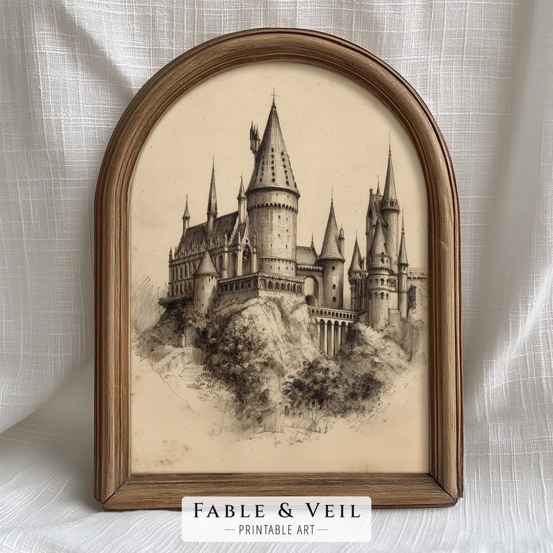 A vintage sketch of a wizarding school castle is elegantly framed in gold, offering a touch of wizard room decor. This enchanting wizard school art piece sets a moody, literary aesthetic against a cream wall.