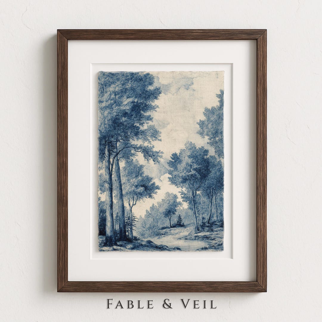 Chinoiserie Art Print of French Country Woodland Wall Art: Vintage Blue ...