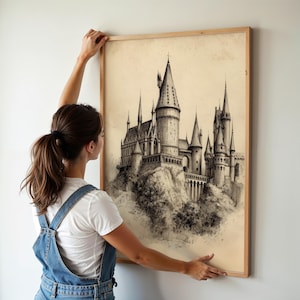 A woman frames a vintage sketch of a majestic castle, adding a touch of wizard room decor to her space. The airy, light-filled room enhances the whimsical mood of this wizarding school art piece.