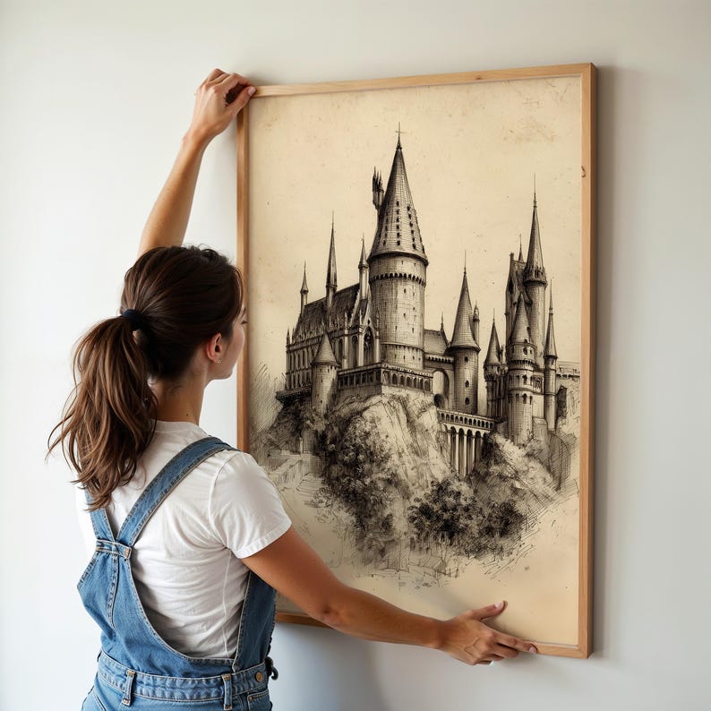 A woman frames a vintage sketch of a majestic castle, adding a touch of wizard room decor to her space. The airy, light-filled room enhances the whimsical mood of this wizarding school art piece.