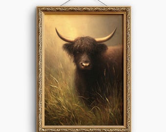 Highland Kuh Wandkunst: Vintage Bauernhaus Tierdruck, Stimmungsvoll Rustikal Digitaler Download