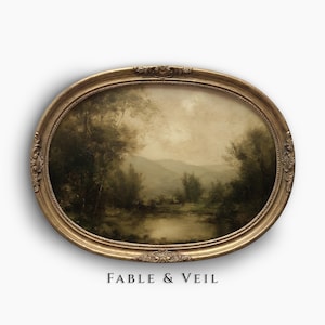 Moody Vintage Landscape Wall Art – Antique Oil Painting Digital Download, Rustic Farmhouse & French Country Sage Green Decor image 1