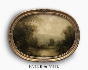 Moody Vintage Landscape Wall Art – Antique Oil Painting Digital Download, Rustic Farmhouse & French Country Sage Green Decor