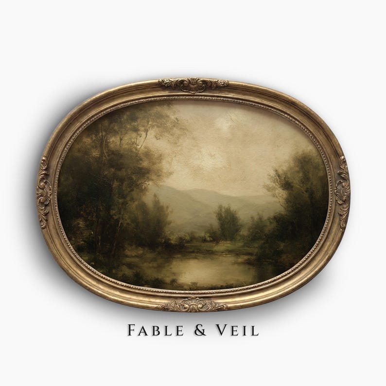 Moody Vintage Landscape Wall Art – Antique Oil Painting Digital Download, Rustic Farmhouse & French Country Sage Green Decor image 1