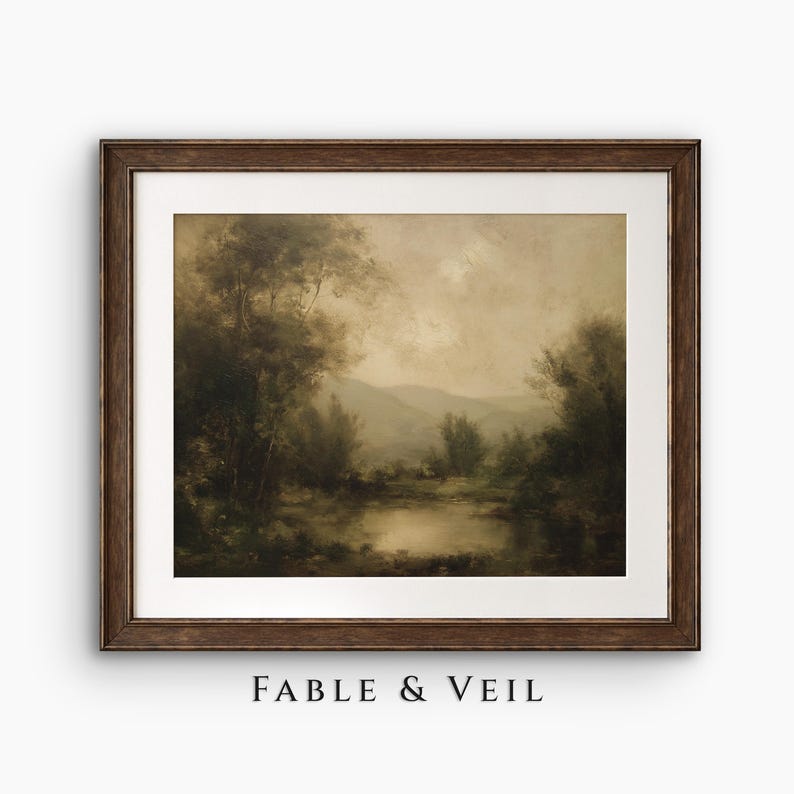 Moody Vintage Landscape Wall Art – Antique Oil Painting Digital Download, Rustic Farmhouse & French Country Sage Green Decor image 8