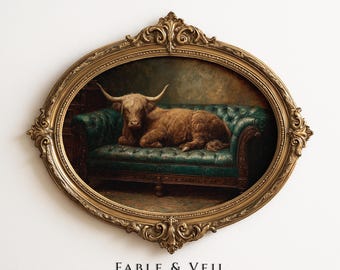 Highland Cow Wall Art: Rustic Farmhouse Printable, Moody Vintage Animal Painting Digital Download
