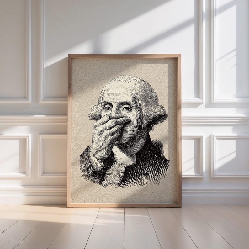 A whimsical vintage sketch of George Washington humorously holding his nose, elegantly framed in wood, rests against a sunlit, white-paneled bathroom wall, adding a touch of funny decor. 

The minimalist room features soft, natural light and classic design, making this funny bathroom art an unexpected yet sophisticated piece of restroom wall art.