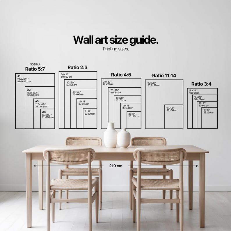 A minimalist dining room with light wood furniture showcases a vintage wall art size guide above, accented by elegant ceramic vases for a touch of cottagecore decor.