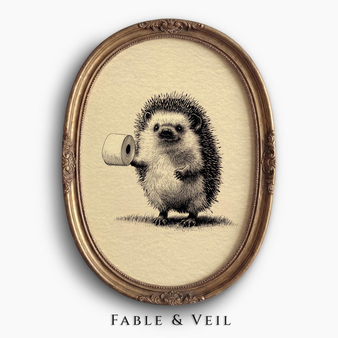 Funny Bathroom Wall Art of Vintage Hedgehog Print: Retro Bathroom Wall Decor, Cottagecore 