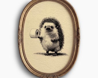 Funny Bathroom Wall Art of Vintage Hedgehog Print: Retro Bathroom Wall Decor, Cottagecore Printable, Farmhouse Art