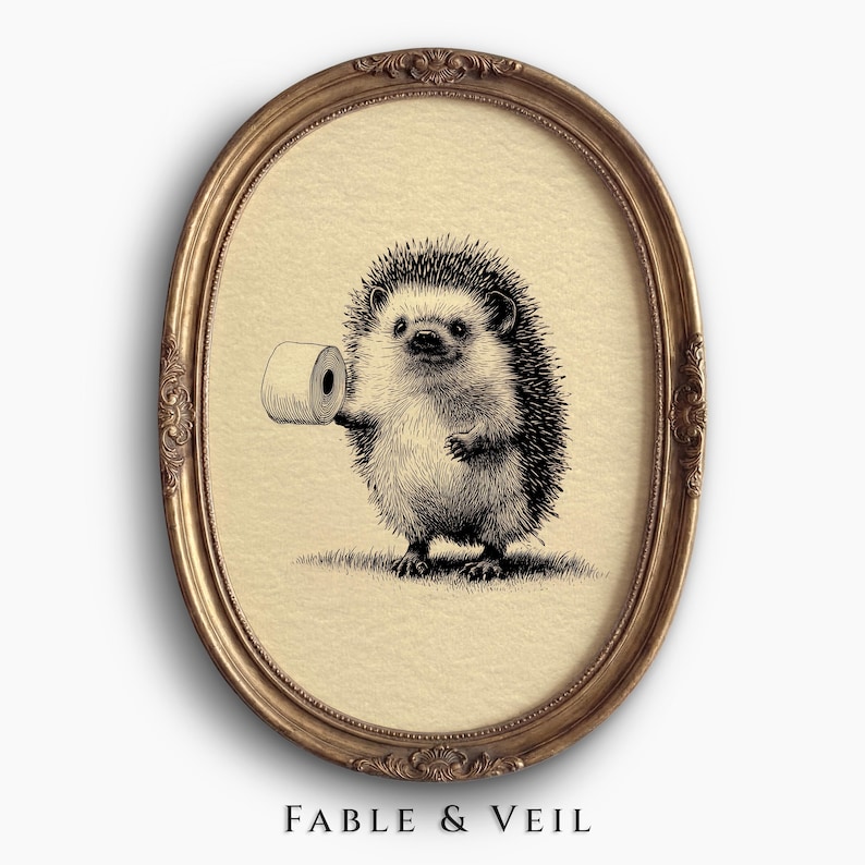 Funny Bathroom Wall Art of Vintage Hedgehog Print: Retro Bathroom Wall Decor, Cottagecore Printable, Farmhouse Art image 1