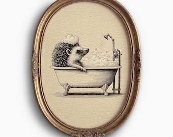 Hedgehog Sketch: Funny Bathroom Wall Art, Vintage Animal Print, Retro Bathroom Decor