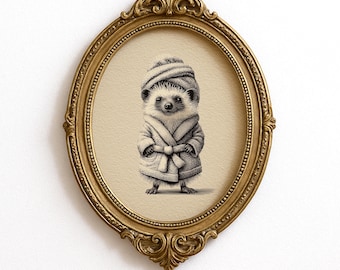 Hedgehog Decor: Funny Bathroom Wall Art, Retro Vintage Sketch, Rustic Farmhouse Printable