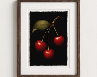 Kitchen Wall Art of Moody Vintage Cherry Print: Classic Fruit Painting (Digital Download)