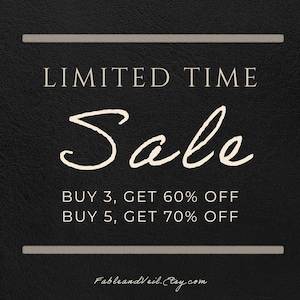 May include: Black background with the words "LIMITED TIME Sale" in white script. Below, it reads "BUY 3, GET 60% OFF" and "BUY 5, GET 70% OFF". The Etsy shop name "FableandVeil.Etsy.com" is at the bottom.