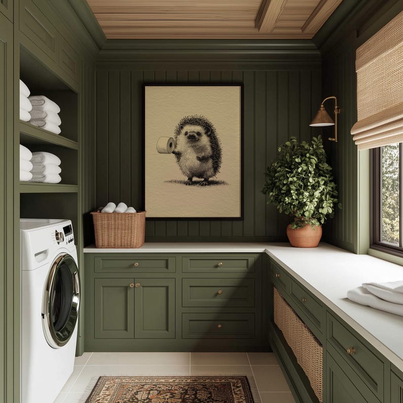 A whimsical sketch of a hedgehog with toilet paper playfully graces this vintage bathroom, framed in black and surrounded by lush green cabinetry, a woven basket, and ambient lighting.