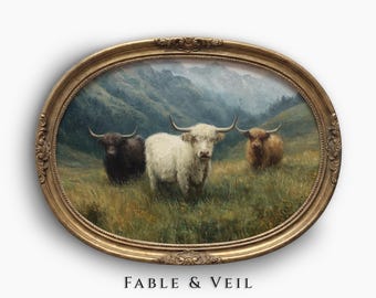Highland Kuh Wandbild: Vintage Bauernhaus Tier Gemälde, Stimmungsvolle Landschaft, Cottagecore Dekor