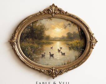 Golden Sunset Pond Art | Tranquil Landscape Digital Download | Rustic Farmhouse Wall Decor | Ducks in Nature Painting