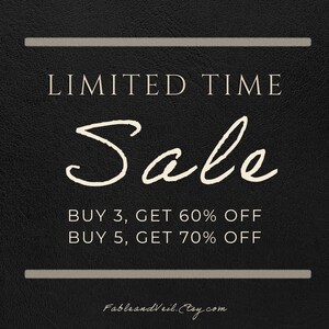 May include: Black background with the words "LIMITED TIME Sale" in white. Below, it says "BUY 3, GET 60% OFF" and "BUY 5, GET 70% OFF". The Etsy shop name "FableandVeil.Etsy.com" is at the bottom.