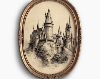 Boceto del Castillo de la Escuela de Magia: Arte mural de fantasía, lámina literaria vintage, decoración de rincón de lectura