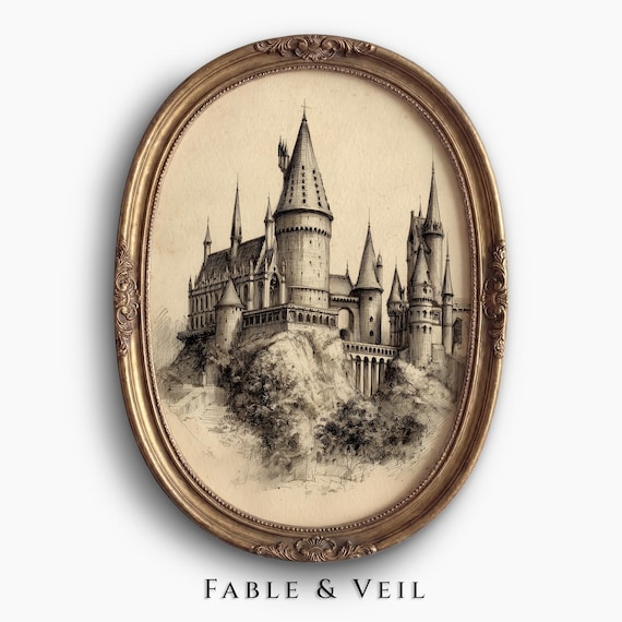 Wizarding School Castle Sketch: Fantasy Wall Art, Vintage Literary Print, Book Nook Decor