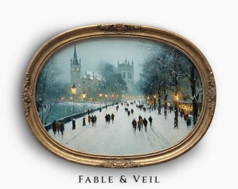 Vintage Winter Painting of Cityscape: Snowy Decor, Holiday Wall Art