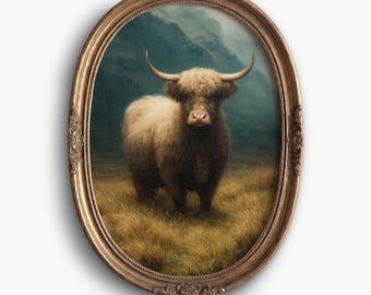 Highland Kuh Vintage Ölgemälde: Rustikales Bauernhaus Druck (Digitaler Download)