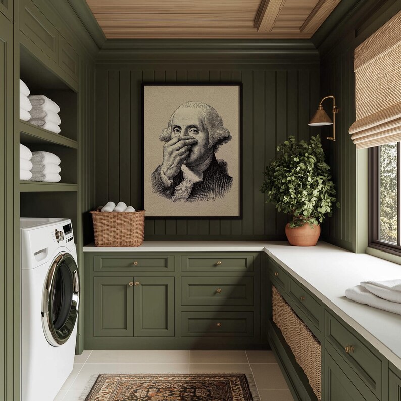 A whimsical vintage sketch of George Washington humorously holding his nose is elegantly framed on an olive green paneled wall, adding a touch of funny bathroom art to this stylish space. Natural light spills onto the woven basket and lush plant, creating a cozy ambiance.