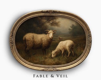 Farmhouse Wall Art of Vintage Sheep: Antique Oil Painting, Rustic Landscape Print