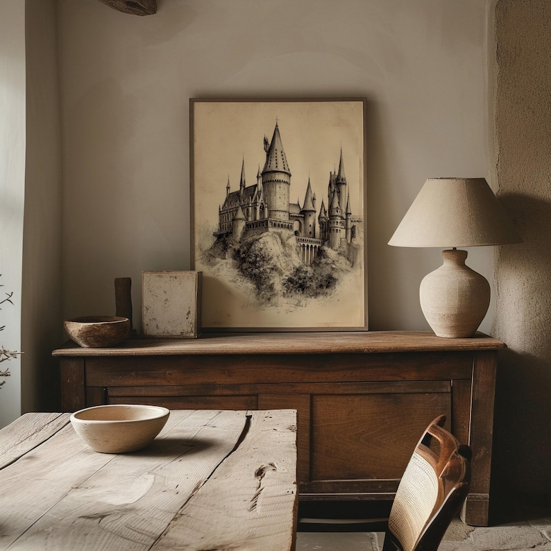 A vintage sketch of a mystical castle hangs in an elegant wooden frame, blending seamlessly with the rustic table and neutral-toned pottery, creating a timeless wizarding decor theme. The cozy lamp light casts a soft glow, enhancing the magical ambiance of this wizarding school art piece.