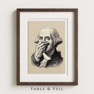 An elegantly framed vintage sketch of George Washington adds a whimsical touch to smelly bathroom decor. The playful, historical decor piece humorously fits into any funny bathroom art collection.