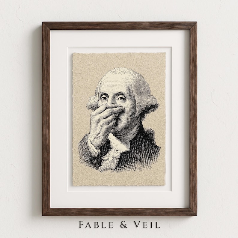 An elegantly framed vintage sketch of George Washington adds a whimsical touch to smelly bathroom decor. The playful, historical decor piece humorously fits into any funny bathroom art collection.