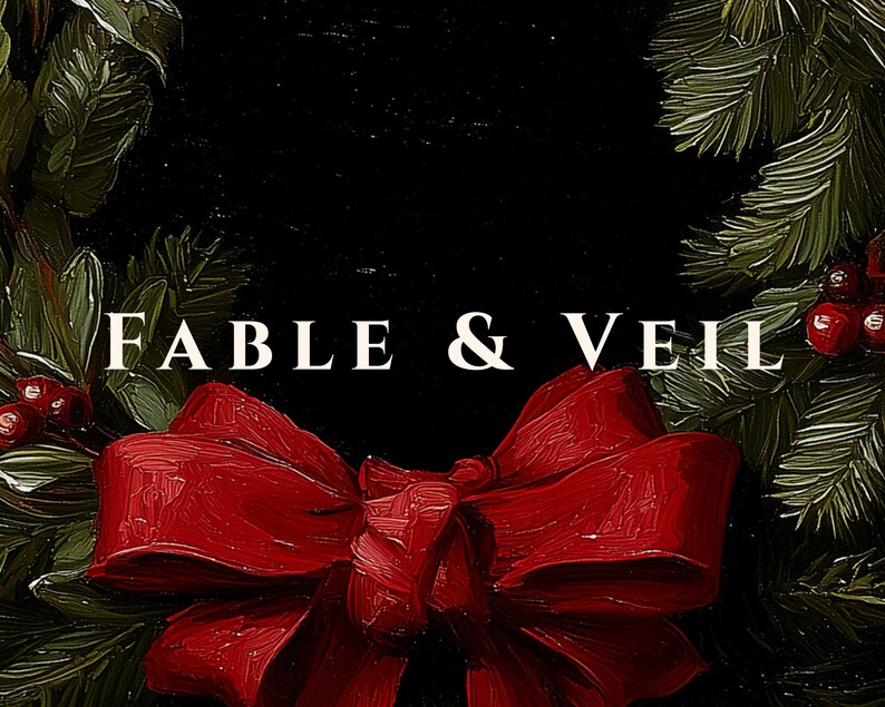 A festive red bow and green wreath set against a dark background create a cozy holiday mood, ideal for whimsigoth decor enthusiasts.