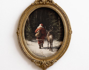 Moody Christmas Print of Santa and Reindeer in Snow | Classic Christmas Wall Art | Ralph Lauren Christmas Decor