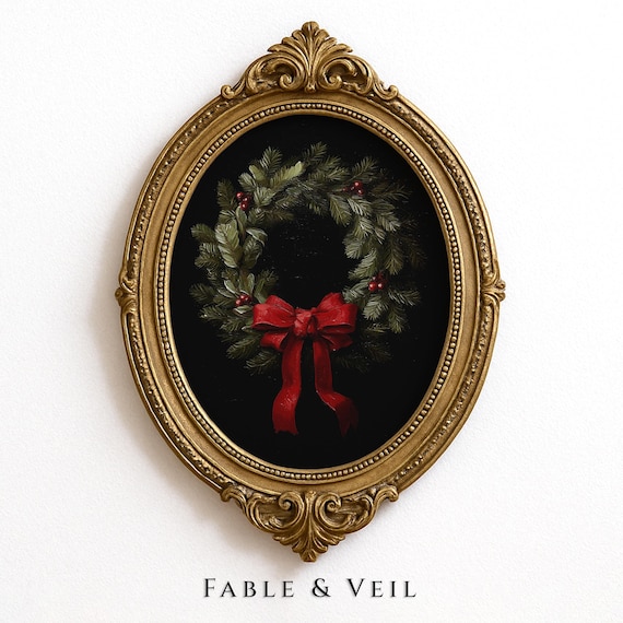 Moody Christmas Wreath Wall Art | Ralph Lauren Christmas Decor | Dark Academia Christmas Printable | Vintage Christmas Digital Download