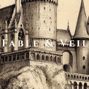 A vintage sketch of a grand castle, perfect for wizard school art, is elegantly framed in antique gold, sitting above a dark wood mantel adorned with whimsical decor accents. The moody piece captures the essence of wizarding wall art, casting an enchanting ambiance.