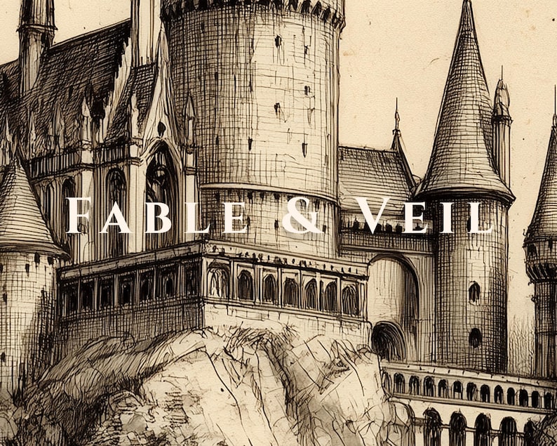 A vintage sketch of a grand castle, perfect for wizard school art, is elegantly framed in antique gold, sitting above a dark wood mantel adorned with whimsical decor accents. The moody piece captures the essence of wizarding wall art, casting an enchanting ambiance.