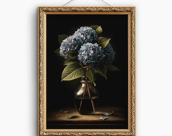 Hydrangea Wall Art: Vintage Botanical Print, Moody Floral Painting, Cottagecore Digital Download