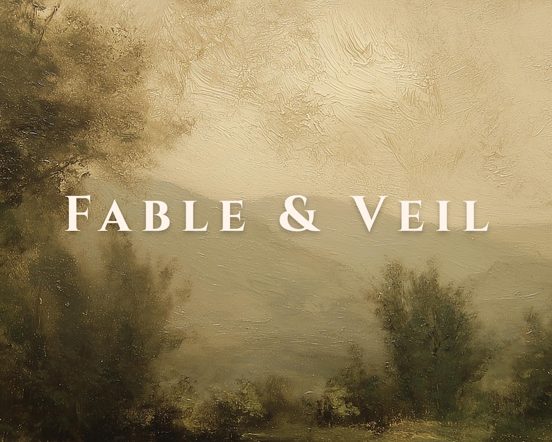 A quaint antique oil painting depicting a serene landscape graces the vintage farmhouse-style room, with sage green wall art, rustic furnishings, and warm, ambient lighting.