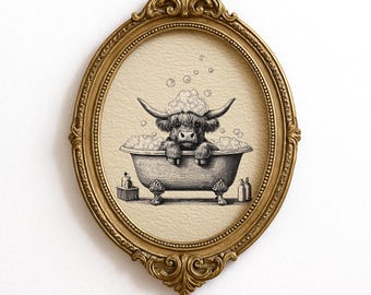 Funny Bathroom Art Print of Highland Cow: Retro Decor, Vintage Sketch