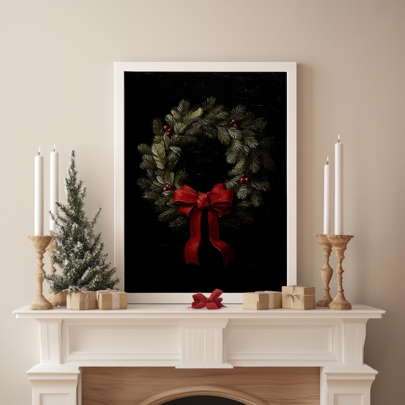 A festive wreath artwork exudes cozy holiday charm above a white mantel adorned with candles, tiny presents, and a snow-dusted pine, perfect for whimsigoth decor enthusiasts.
