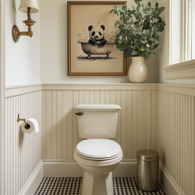 Funny Bathroom Print: Vintage Panda Sketch, Whimsical Animal Printable ...