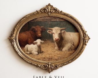 Vintage Farmhouse Wall Art: Cow Painting, Rustic Cottagecore Decor, Western Nursery Print