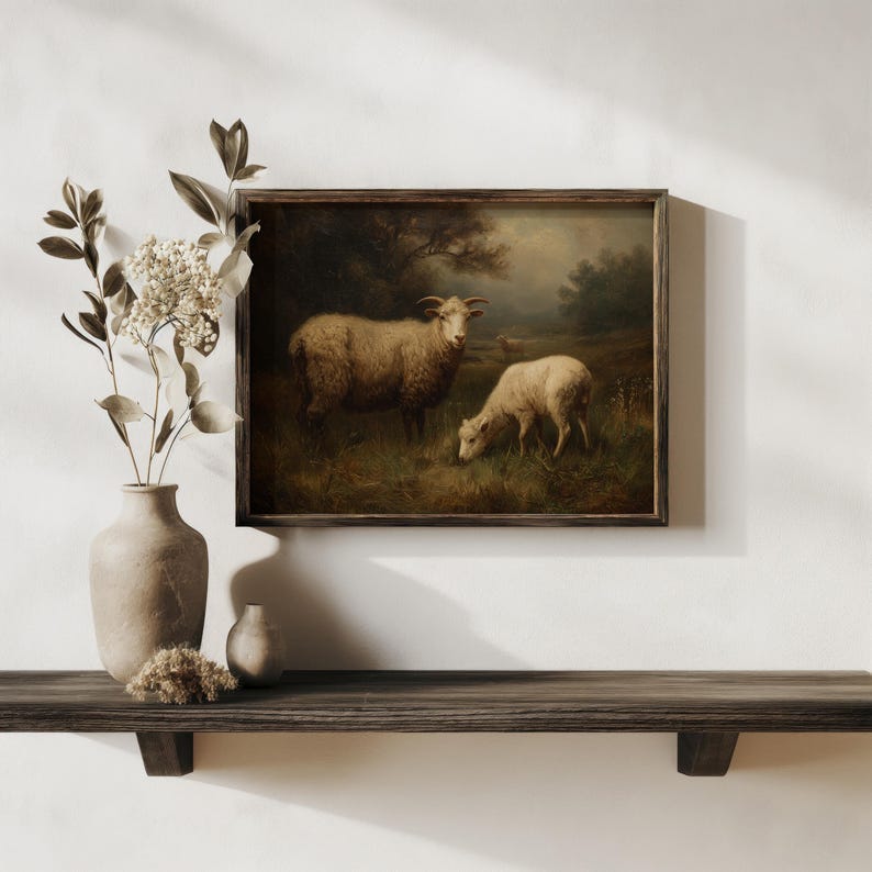 Farmhouse Wall Art of Vintage Sheep: Antique Oil Painting, Rustic ...