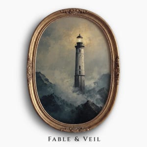Vintage Nautical Decor of Lighthouse Wall Art: Moody Coastal Ocean Print