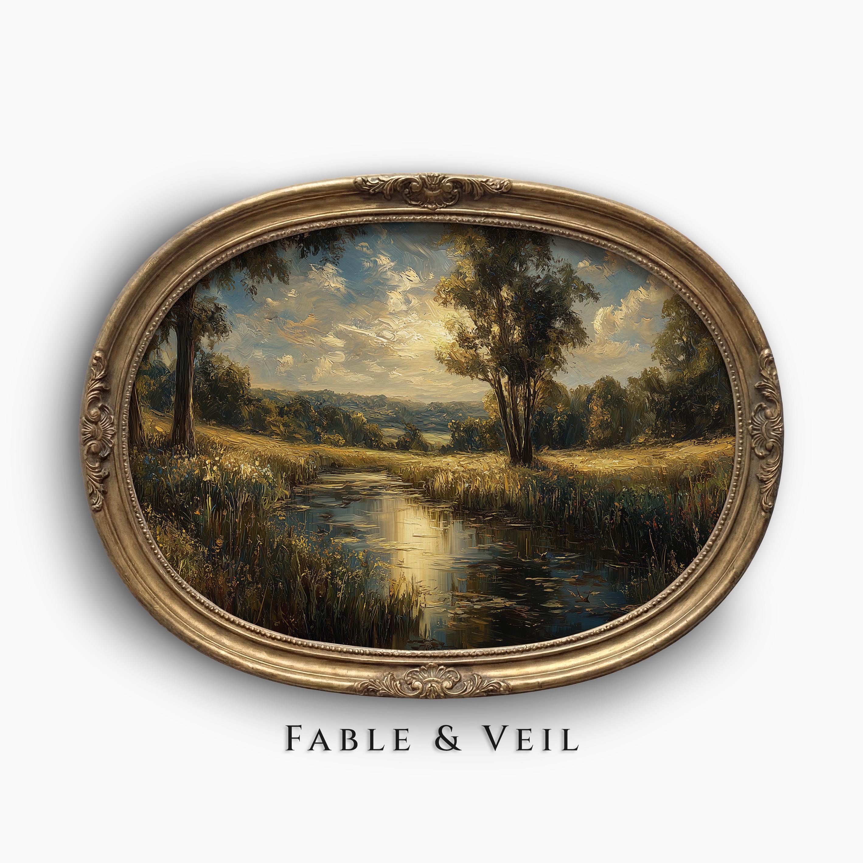 Nature Print of Pond at Sunset: Landscape Oil Painting, Rustic