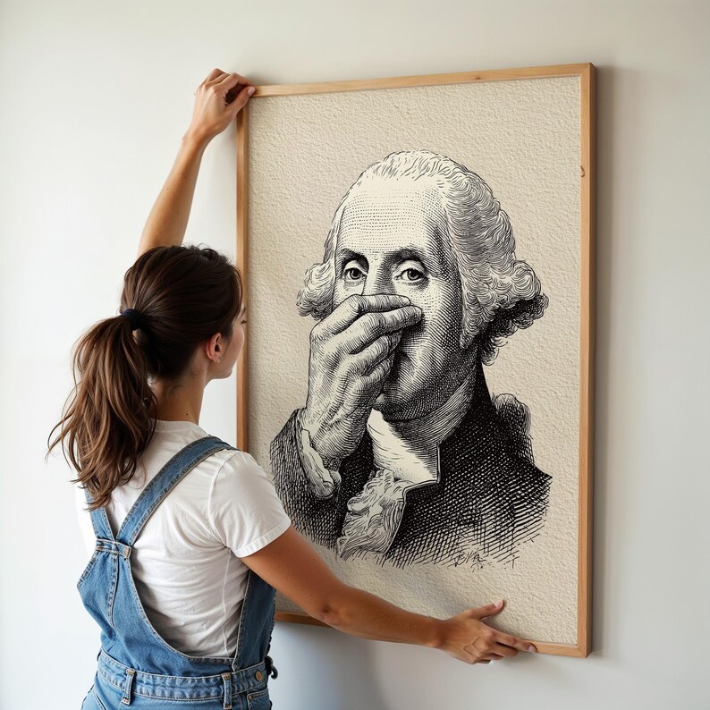 A whimsical vintage sketch of George Washington humorously holding his nose is styled in a minimalist wooden frame, perfect for bathroom wall decor. The light, airy setting complements this funny smelly bathroom art, adding a touch of historical decor.
