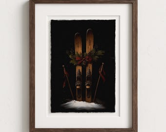 Moody Christmas Skis Wall Art: Grandmillenial Printable, Winter Decor, Ski Lodge Print