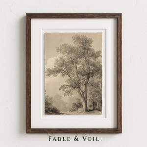 Impresión de árbol vintage: arte mural de bosque, dibujo de bosque rústico, boceto antiguo