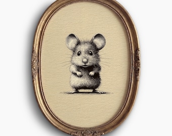 Vintage Whimsical Animal Print of Baby Mouse: Antique Nursery Wall Art, Cottagecore Digital Download